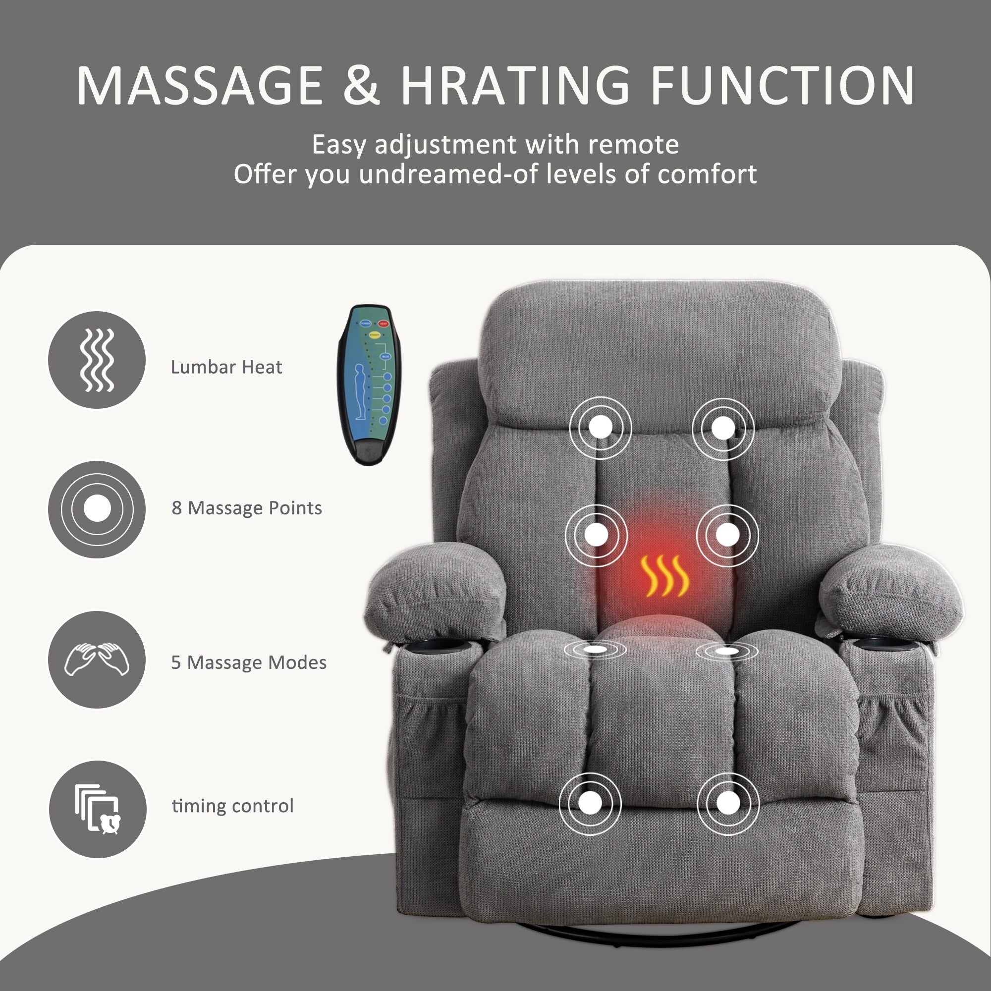 Fauteuil inclinable pivotant à 360° avec massage, chauffage, chargement USB, deux porte-gobelets et poches latérales spacieuses