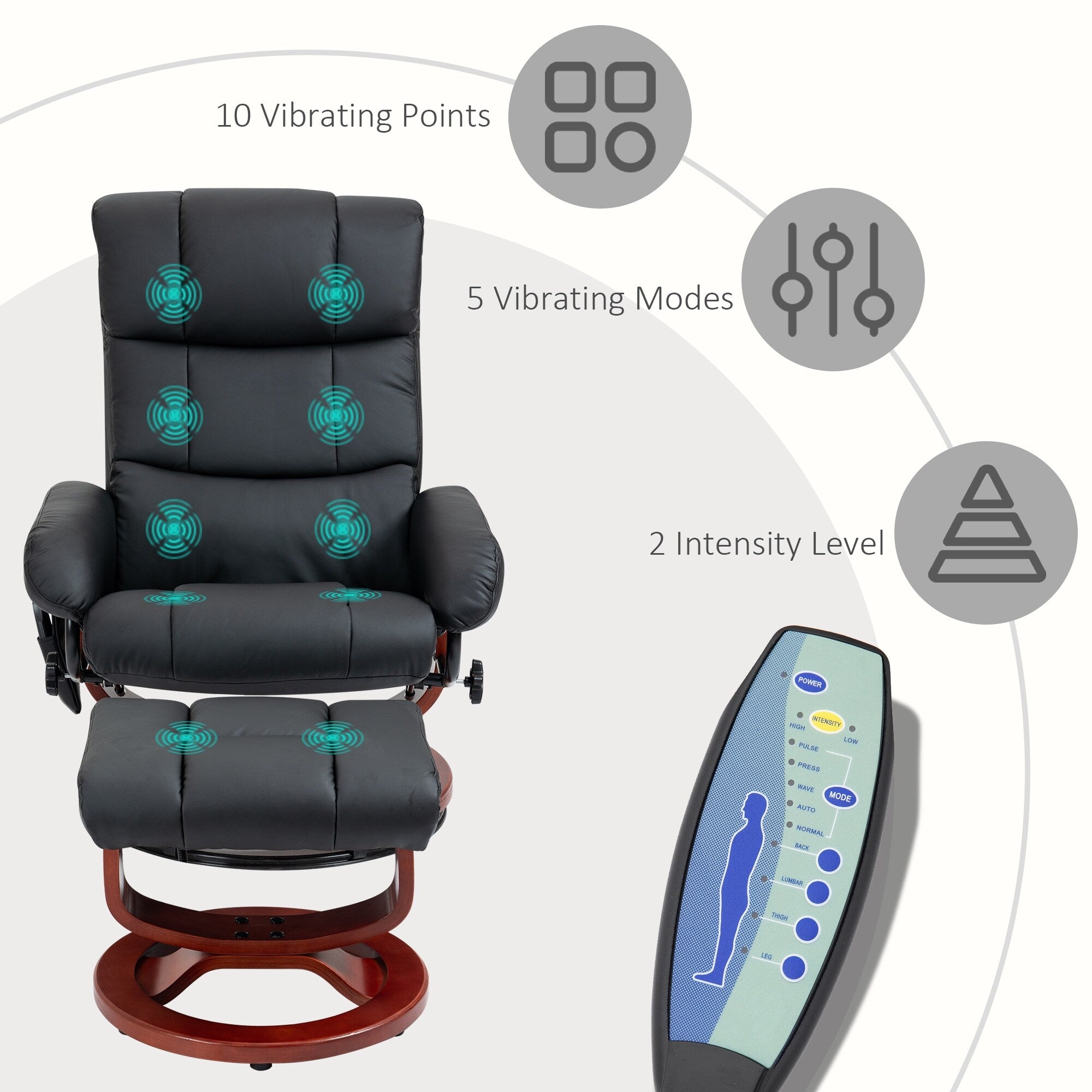 Fauteuil de massage inclinable et pivotant à 360° en cuir synthétique avec repose-pieds, vibration à 10 points, télécommande et poche latérale