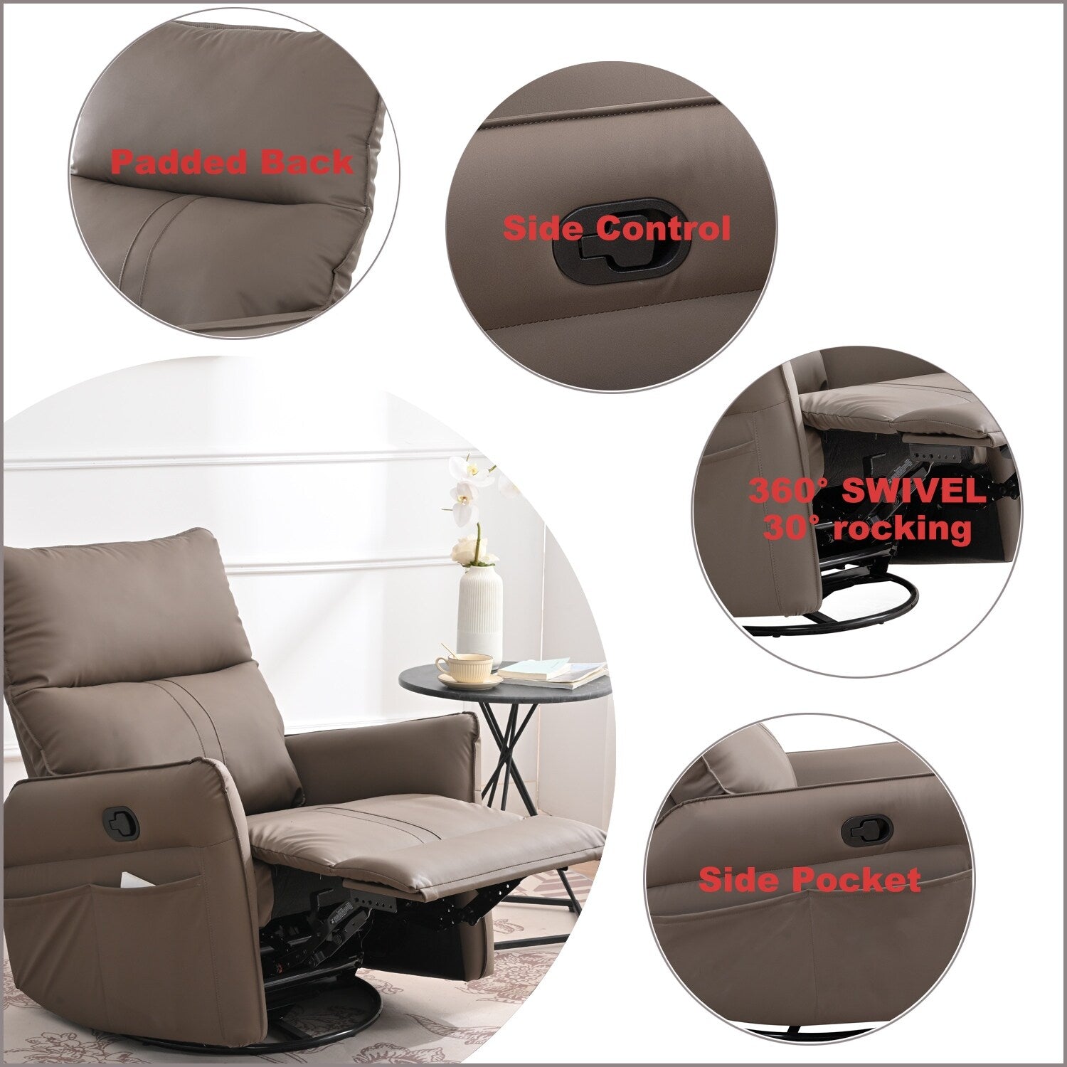 Fauteuil inclinable manuel pivotant à 360° pour salon et chambre à coucher