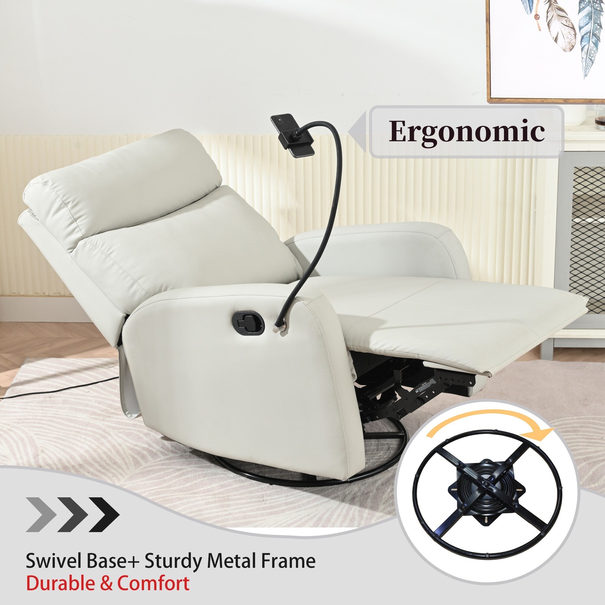 Fauteuil inclinable pivotant à 360° avec support de téléphone, repose-pieds et position réglable pour salon et home cinéma