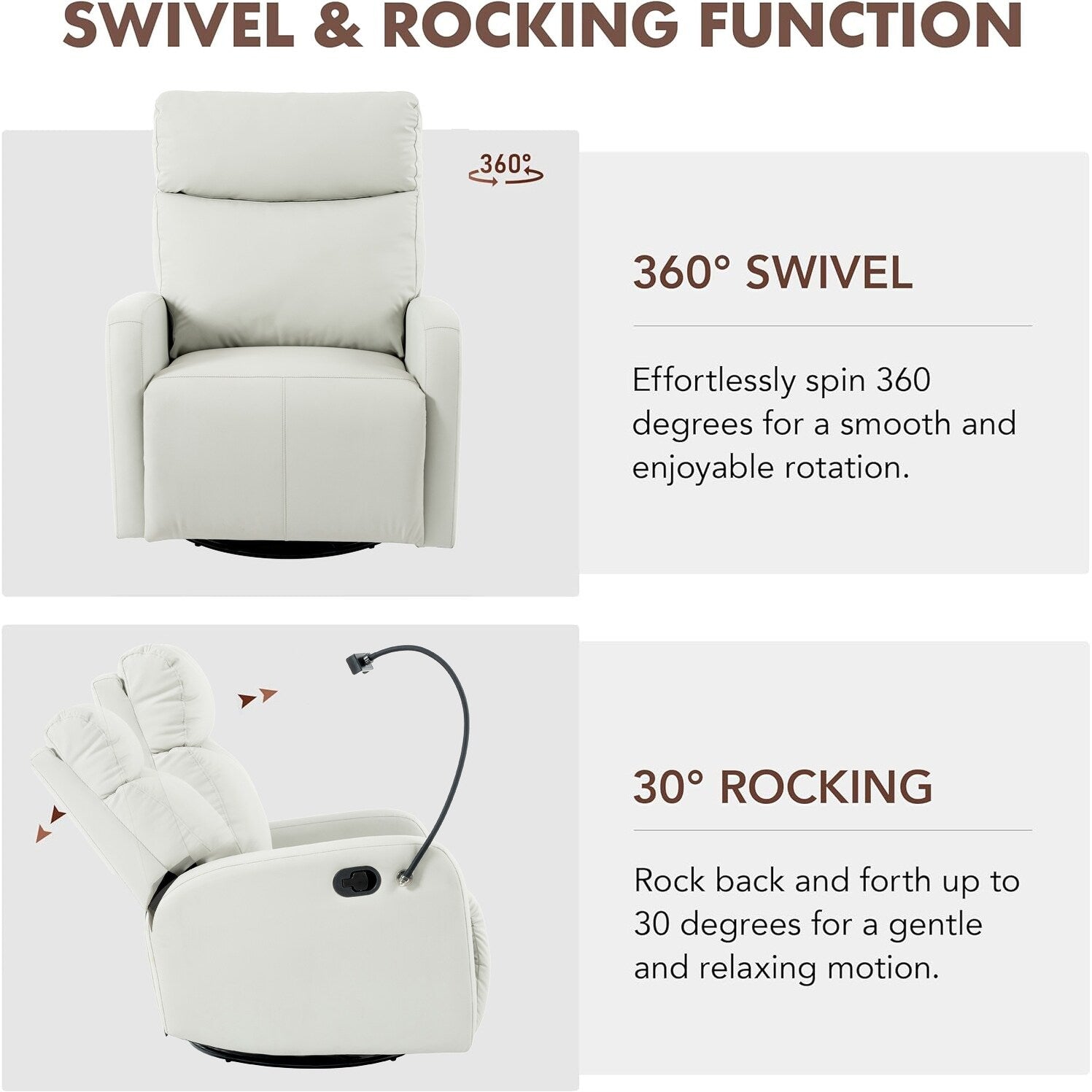 Fauteuil inclinable pivotant à 360° avec support de téléphone, repose-pieds et position réglable pour salon et home cinéma