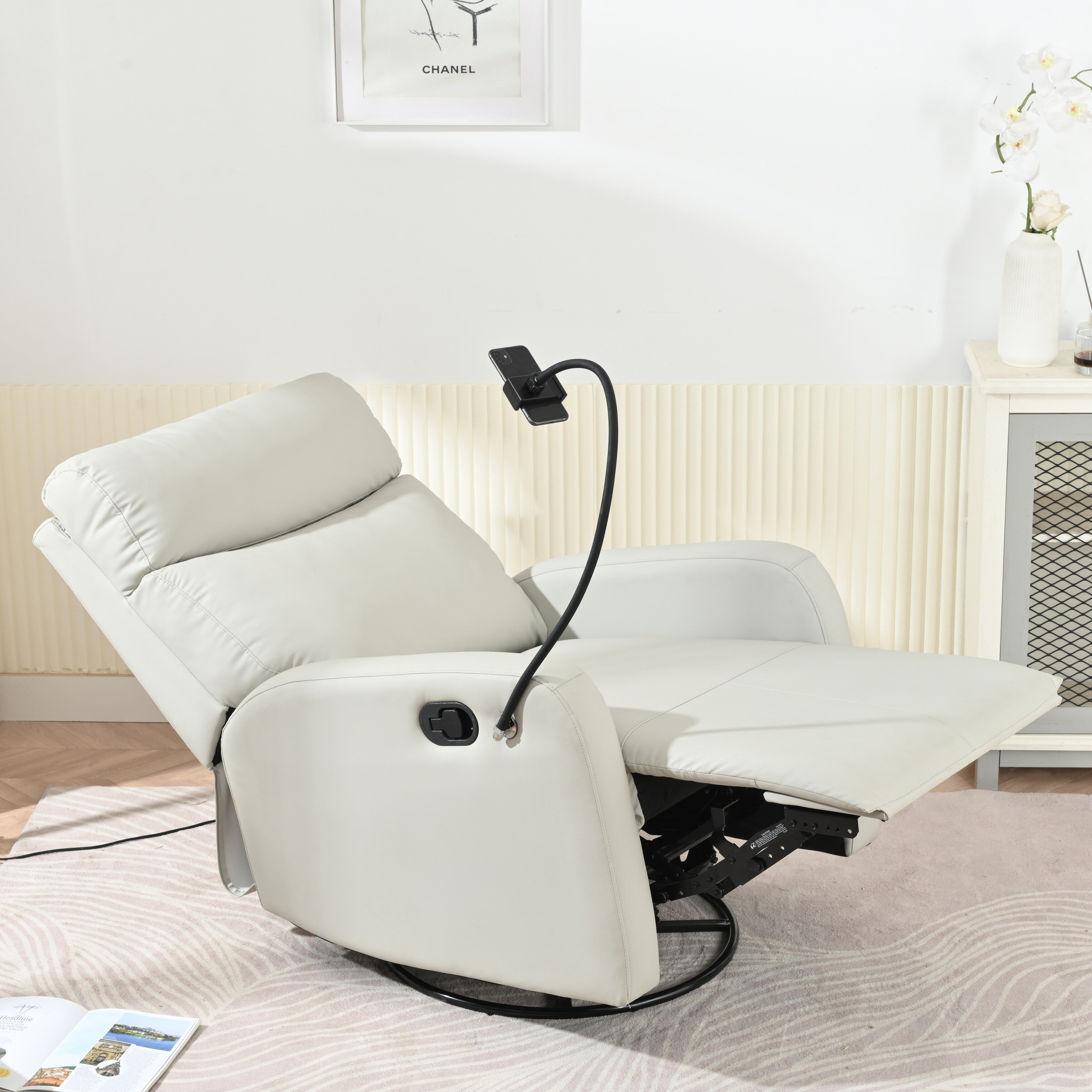 Fauteuil inclinable pivotant à 360° avec support de téléphone, repose-pieds et position réglable pour salon et home cinéma
