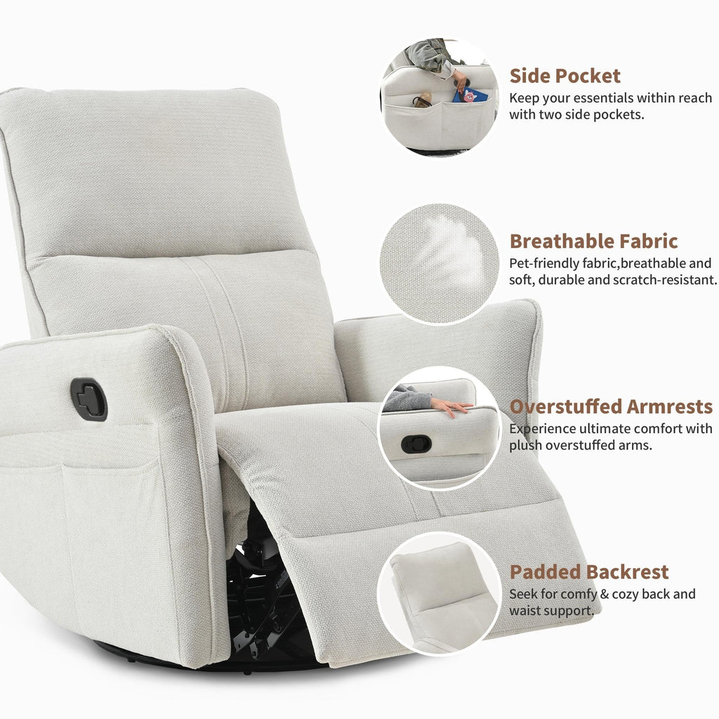 Fauteuil inclinable pivotant à 360°, planeur manuel avec repose-pieds, fauteuil de salon rembourré moderne pour petits espaces, poches latérales