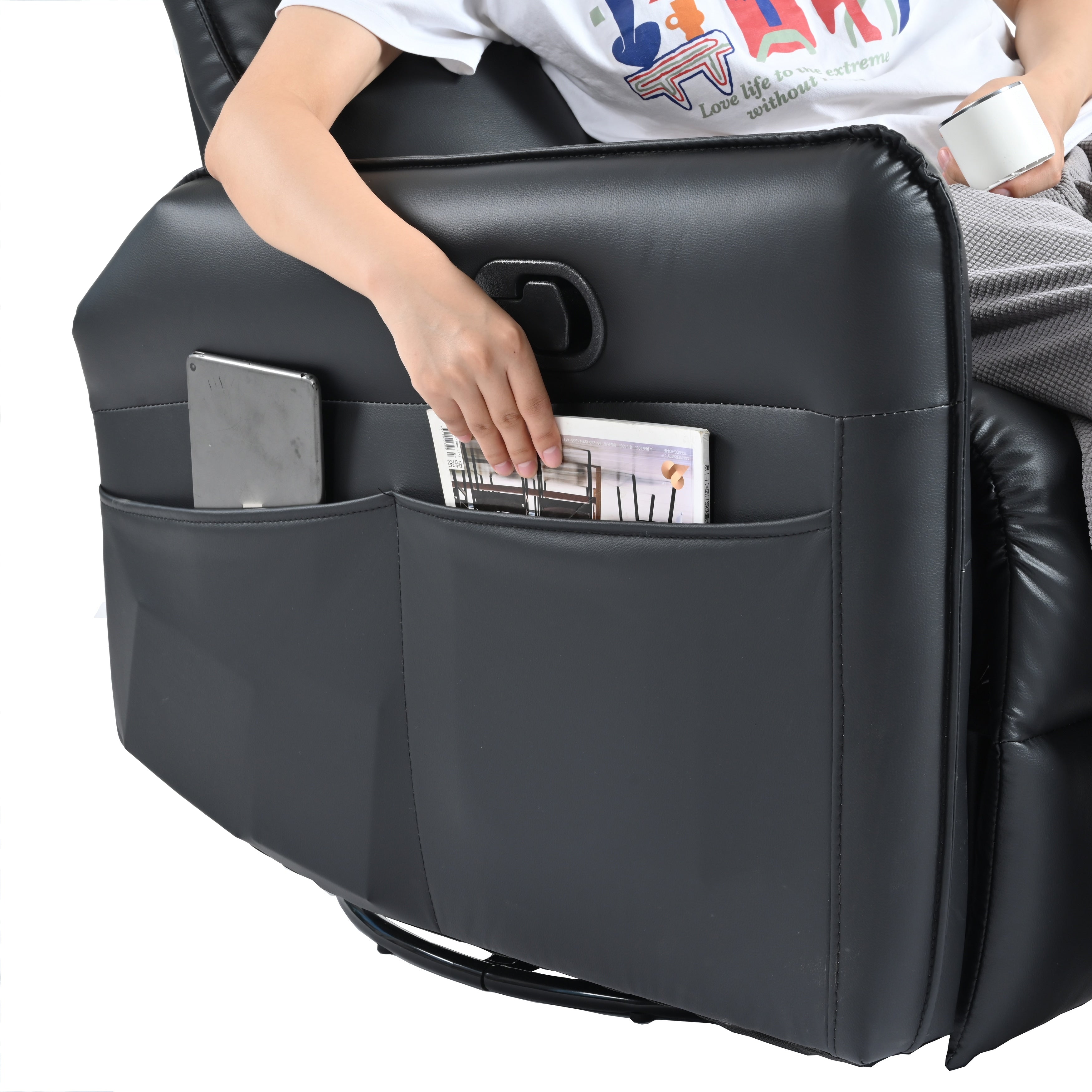 Fauteuil inclinable pivotant à 360°, planeur manuel avec repose-pieds, fauteuil de salon rembourré moderne pour petits espaces, poches latérales