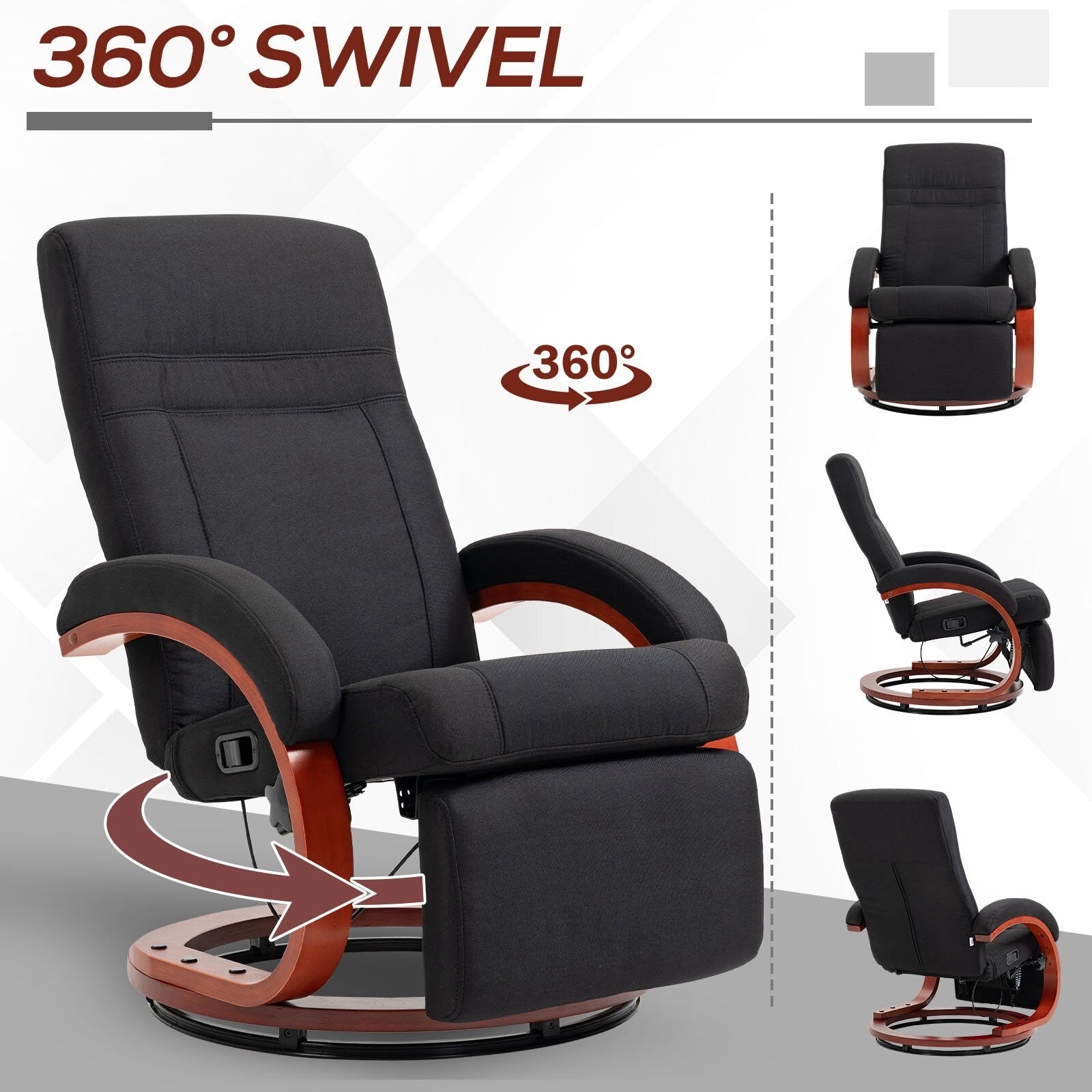 Fauteuil inclinable manuel pivotant à 360° avec base en bois, chaise de bureau inclinable réglable avec repose-pieds rétractable et accoudoirs rembourrés