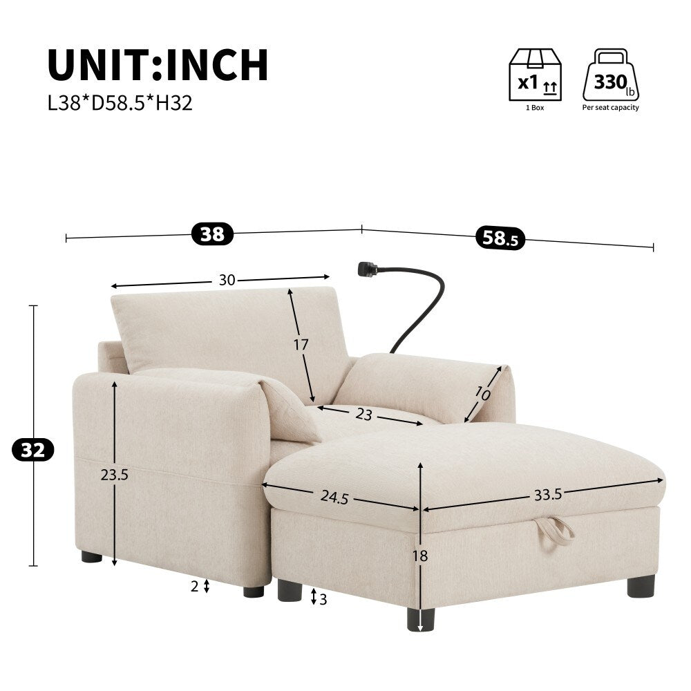 Canapé simple en chenille de 38 pouces avec pouf de rangement, chargeur USB, poches de rangement latérales et accoudoirs en forme de coussin