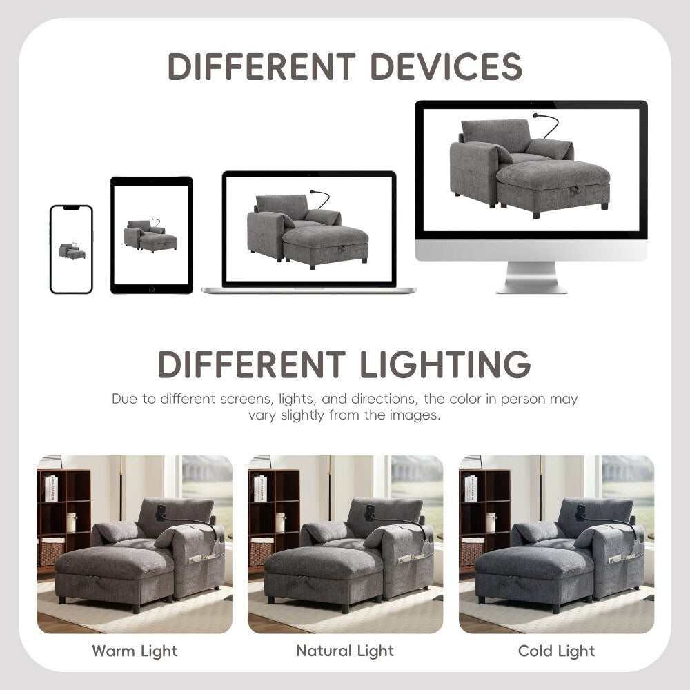 Canapé simple en chenille de 38 pouces avec pouf de rangement, chargeur USB, poches de rangement latérales et accoudoirs en forme de coussin