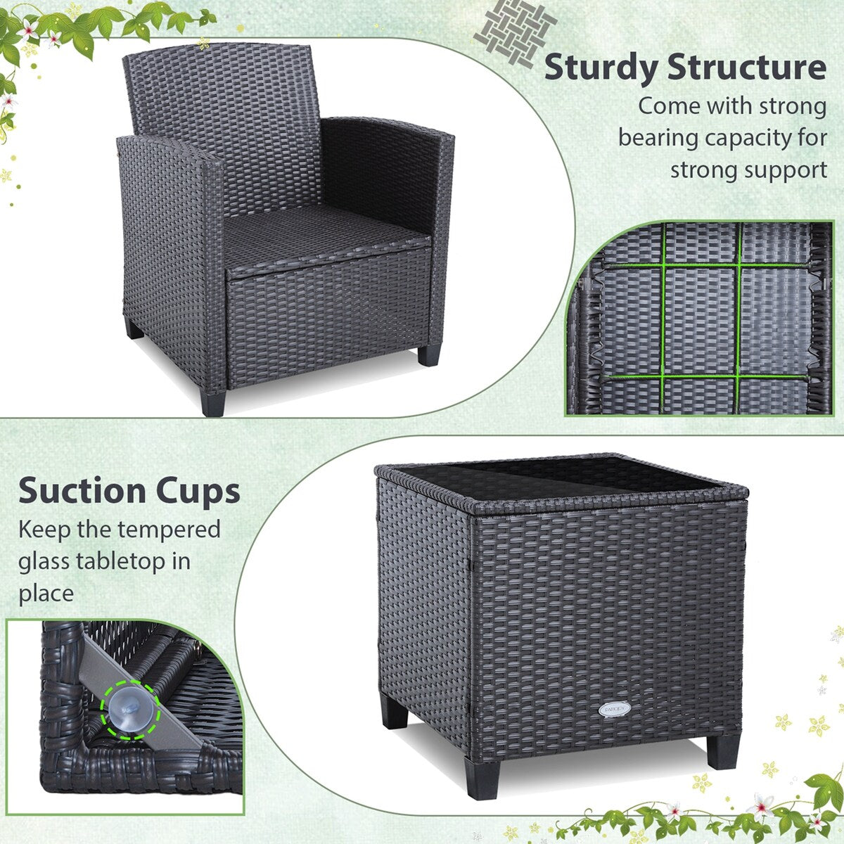 Ensemble de 3 meubles de patio en osier pour balcon avec housses de coussin