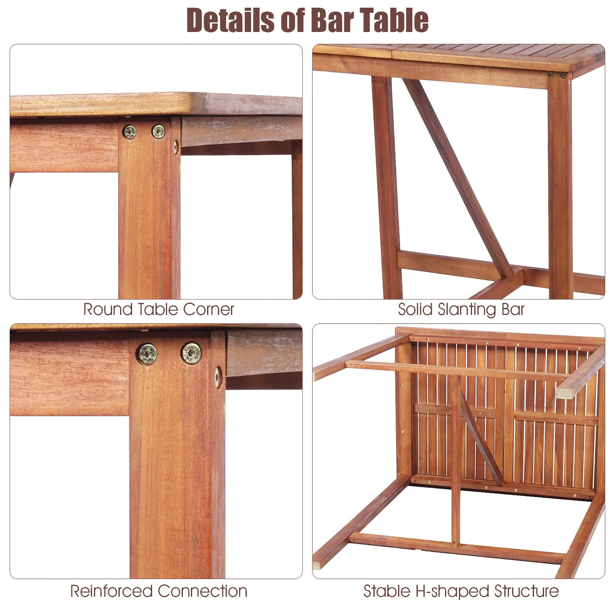 Ensemble de table de bar 3 pièces pour extérieur en bois d'acacia, ensemble de salle à manger peu encombrant