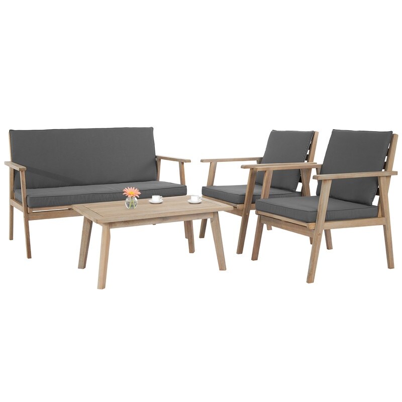 Ensemble de salon de jardin en bois pour 4 personnes avec coussins