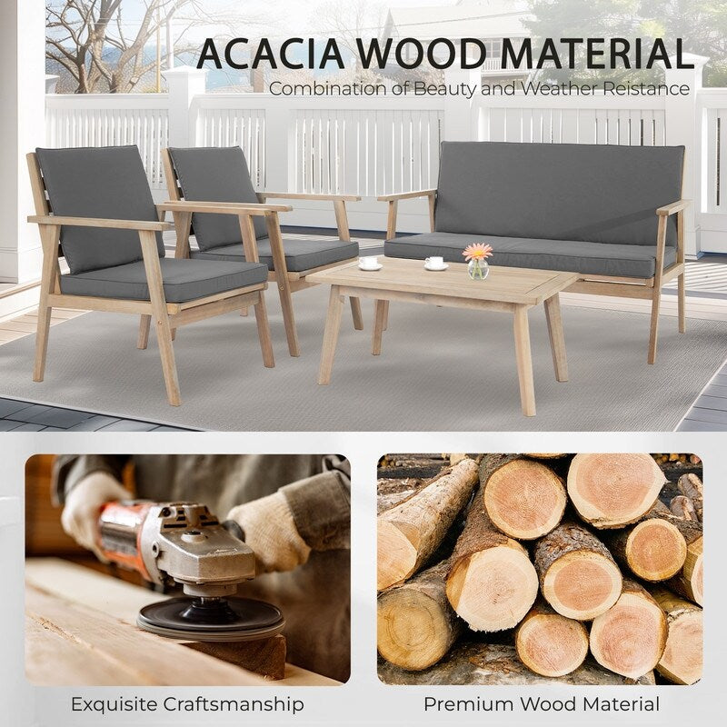 Ensemble de salon de jardin en bois pour 4 personnes avec coussins