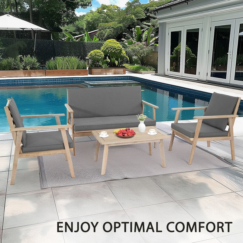 Ensemble de salon de jardin en bois pour 4 personnes avec coussins