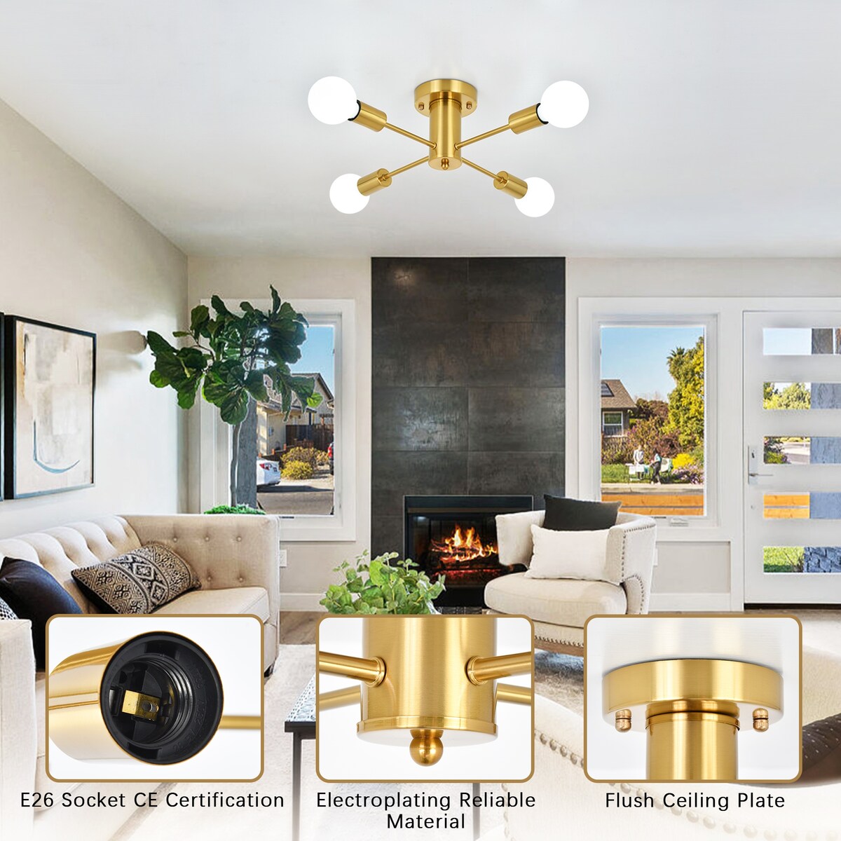 Plafonnier semi-encastré industriel à 4 lampes pour cuisine, salle à manger, chambre à coucher, bureau, salon - N/A