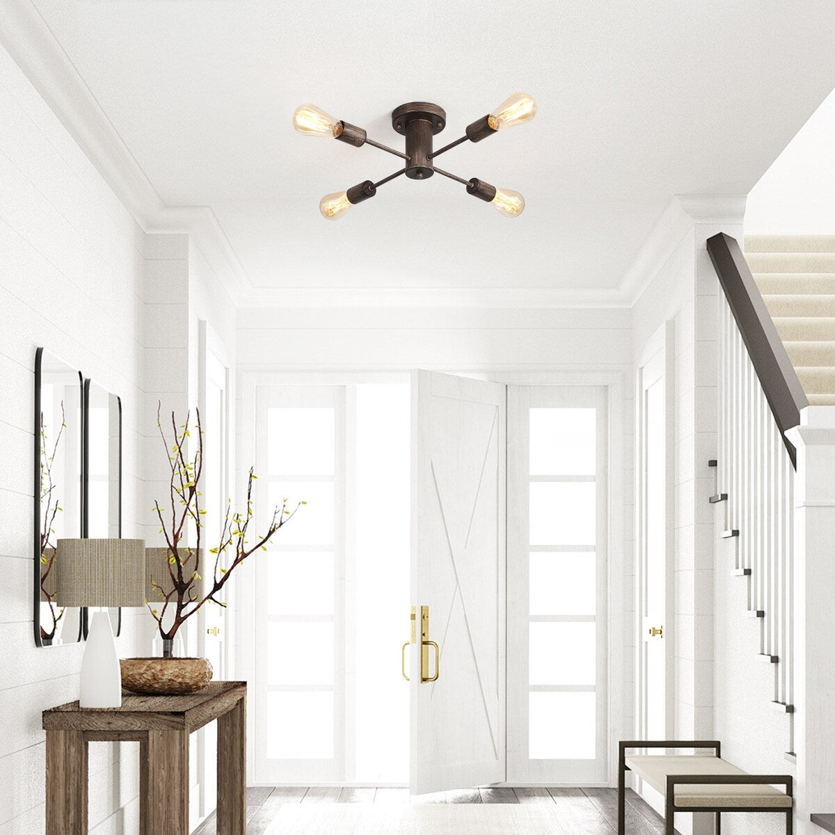 Plafonnier semi-encastré industriel à 4 lampes pour cuisine, salle à manger, chambre à coucher, bureau, salon - N/A