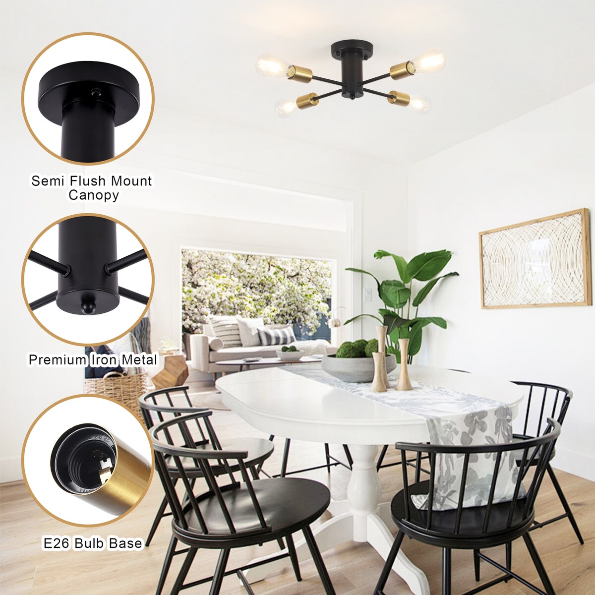 Plafonnier semi-encastré industriel à 4 lampes pour cuisine, salle à manger, chambre à coucher, bureau, salon - N/A