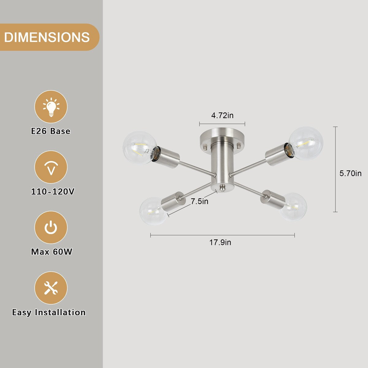 Plafonnier semi-encastré industriel à 4 lampes pour cuisine, salle à manger, chambre à coucher, bureau, salon - N/A