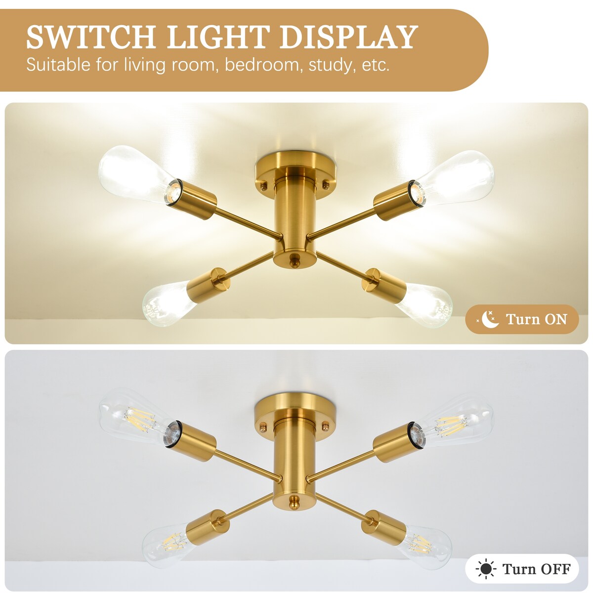 Plafonnier semi-encastré industriel à 4 lampes pour cuisine, salle à manger, chambre à coucher, bureau, salon - N/A