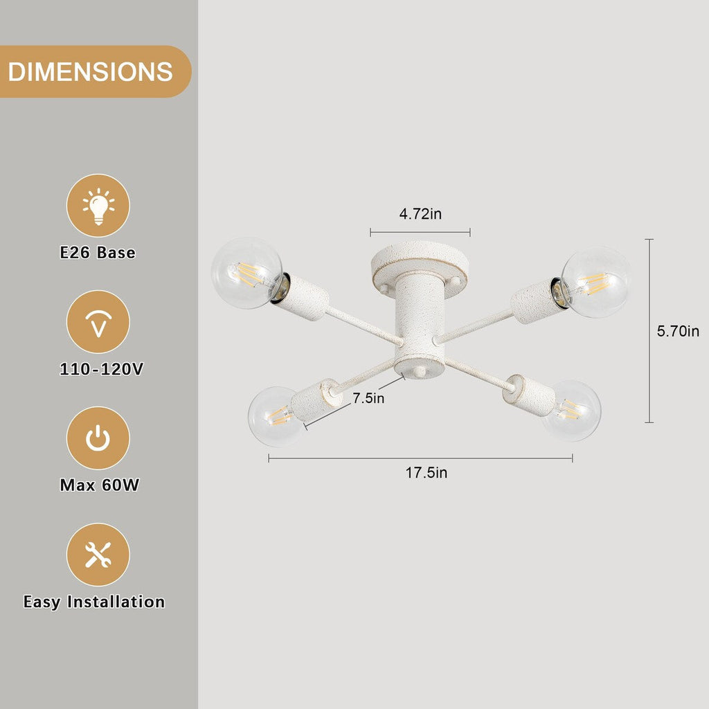 Plafonnier semi-encastré industriel à 4 lampes pour cuisine, salle à manger, chambre à coucher, bureau, salon - N/A