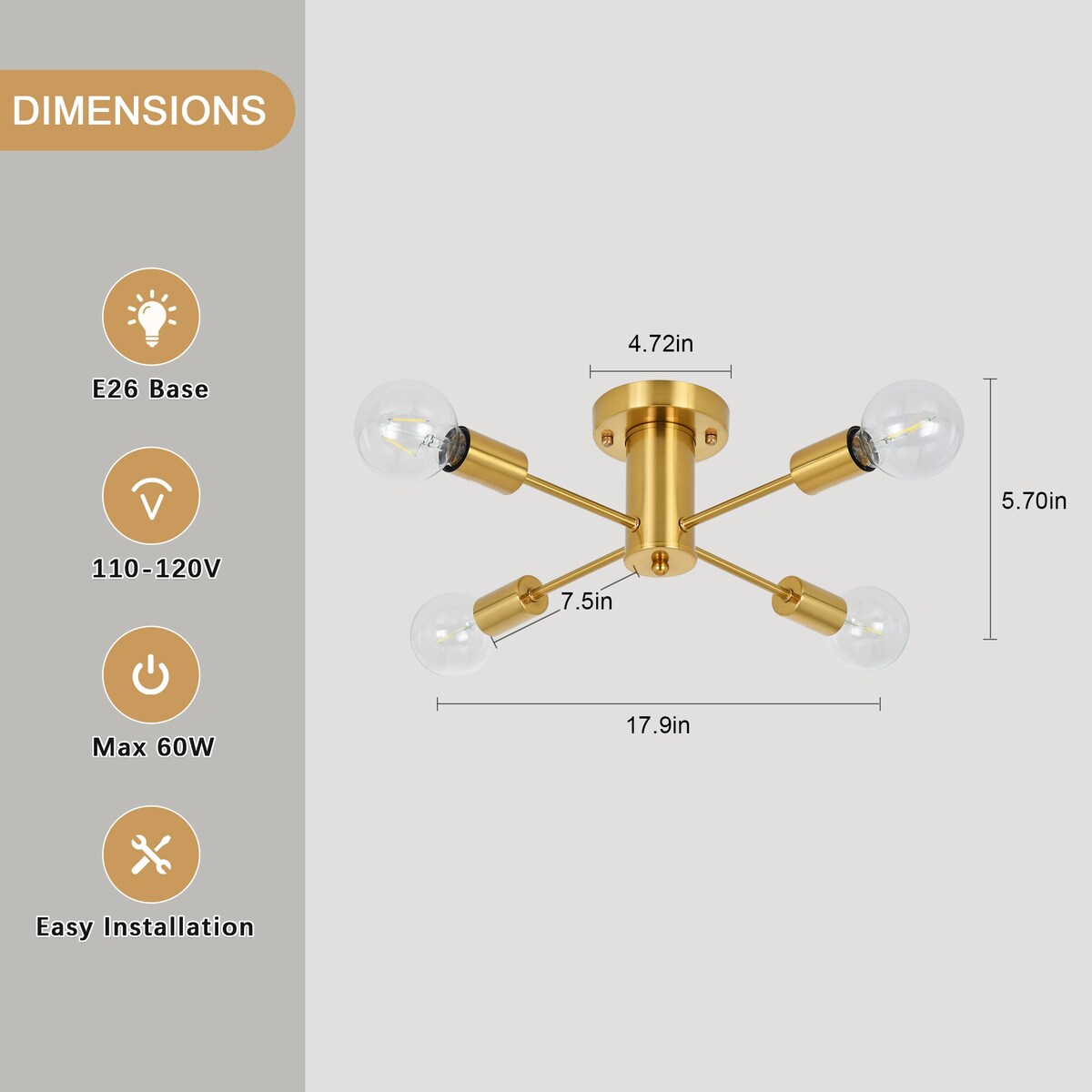 Plafonnier semi-encastré industriel à 4 lampes pour cuisine, salle à manger, chambre à coucher, bureau, salon - N/A