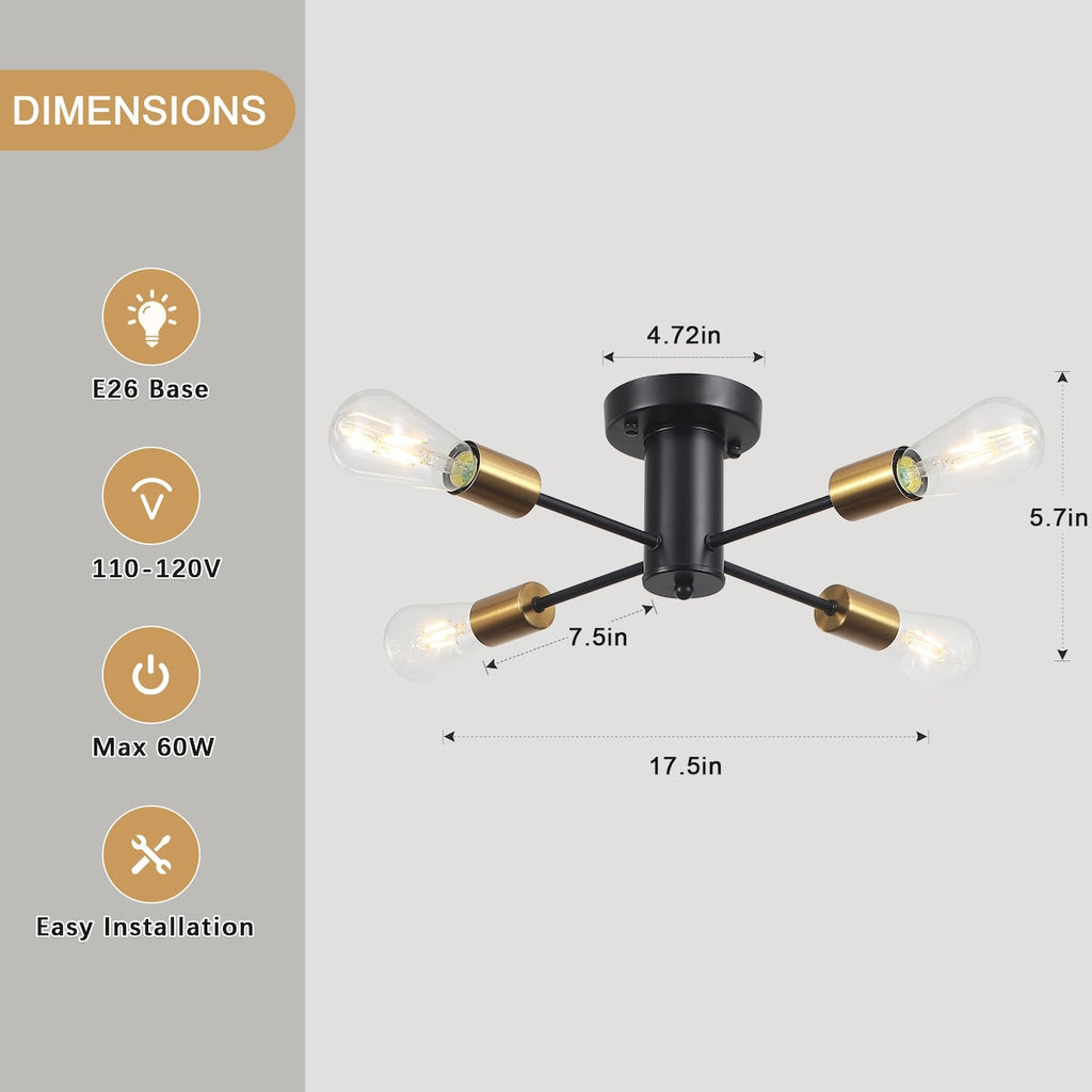 Plafonnier semi-encastré industriel à 4 lampes pour cuisine, salle à manger, chambre à coucher, bureau, salon - N/A