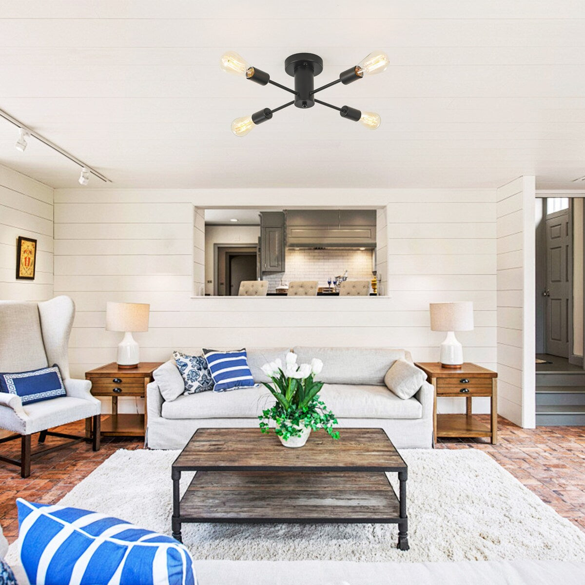 Plafonnier semi-encastré industriel à 4 lampes pour cuisine, salle à manger, chambre à coucher, bureau, salon - N/A