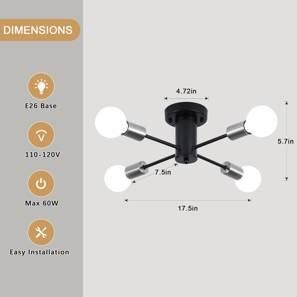 Plafonnier semi-encastré industriel à 4 lampes pour cuisine, salle à manger, chambre à coucher, bureau, salon - N/A