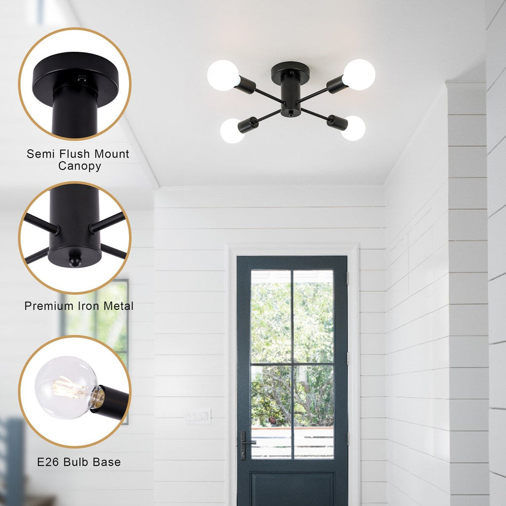 Plafonnier semi-encastré industriel à 4 lampes pour cuisine, salle à manger, chambre à coucher, bureau, salon - N/A