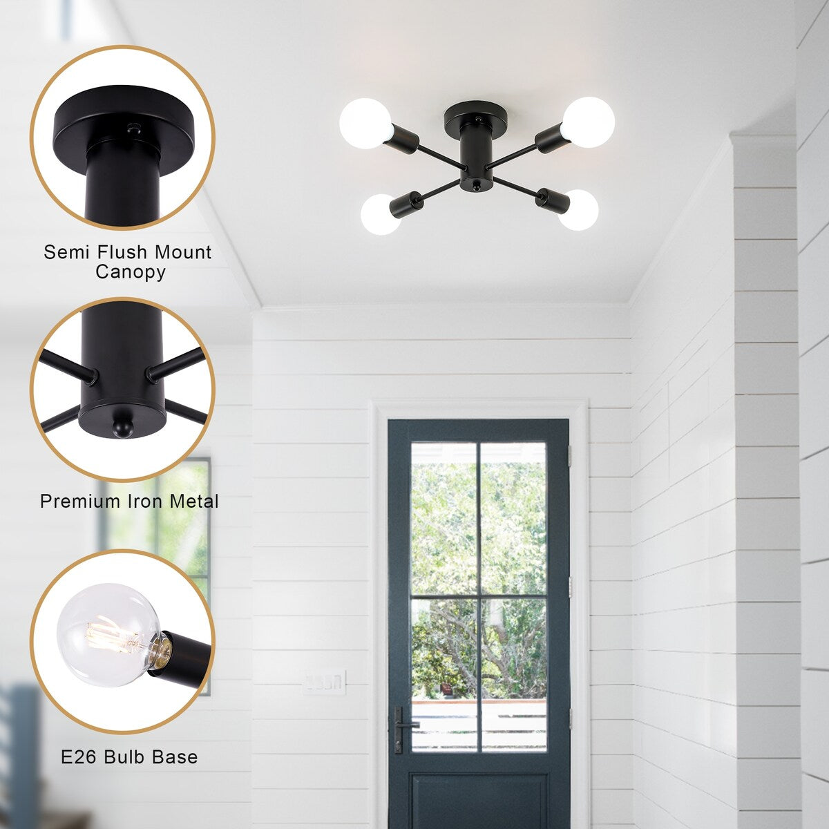 Plafonnier semi-encastré industriel à 4 lampes pour cuisine, salle à manger, chambre à coucher, bureau, salon - N/A