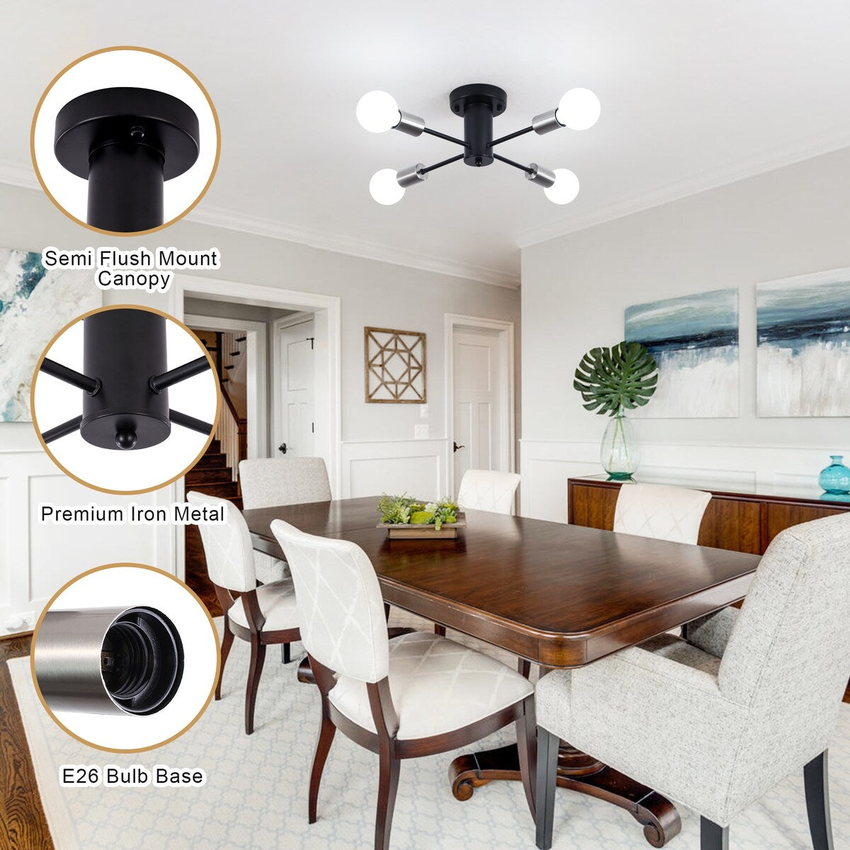 Plafonnier semi-encastré industriel à 4 lampes pour cuisine, salle à manger, chambre à coucher, bureau, salon - N/A