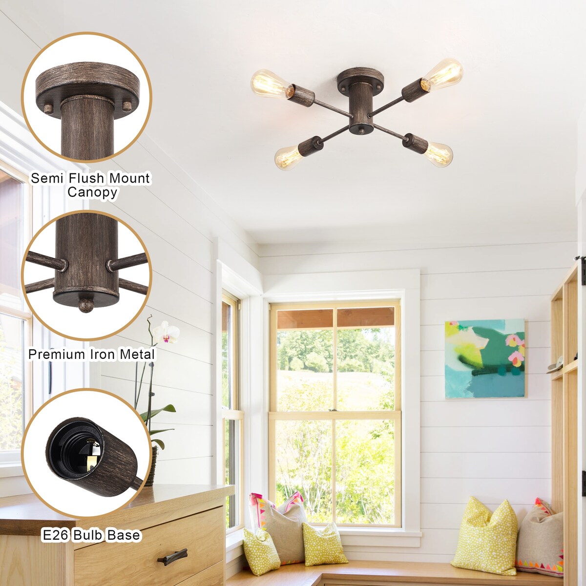 Plafonnier semi-encastré industriel à 4 lampes pour cuisine, salle à manger, chambre à coucher, bureau, salon - N/A