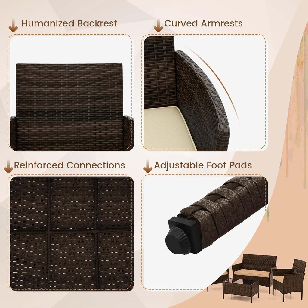 Ensemble de conversation d'extérieur en rotin 4 pièces Ensemble de meubles de patio en osier