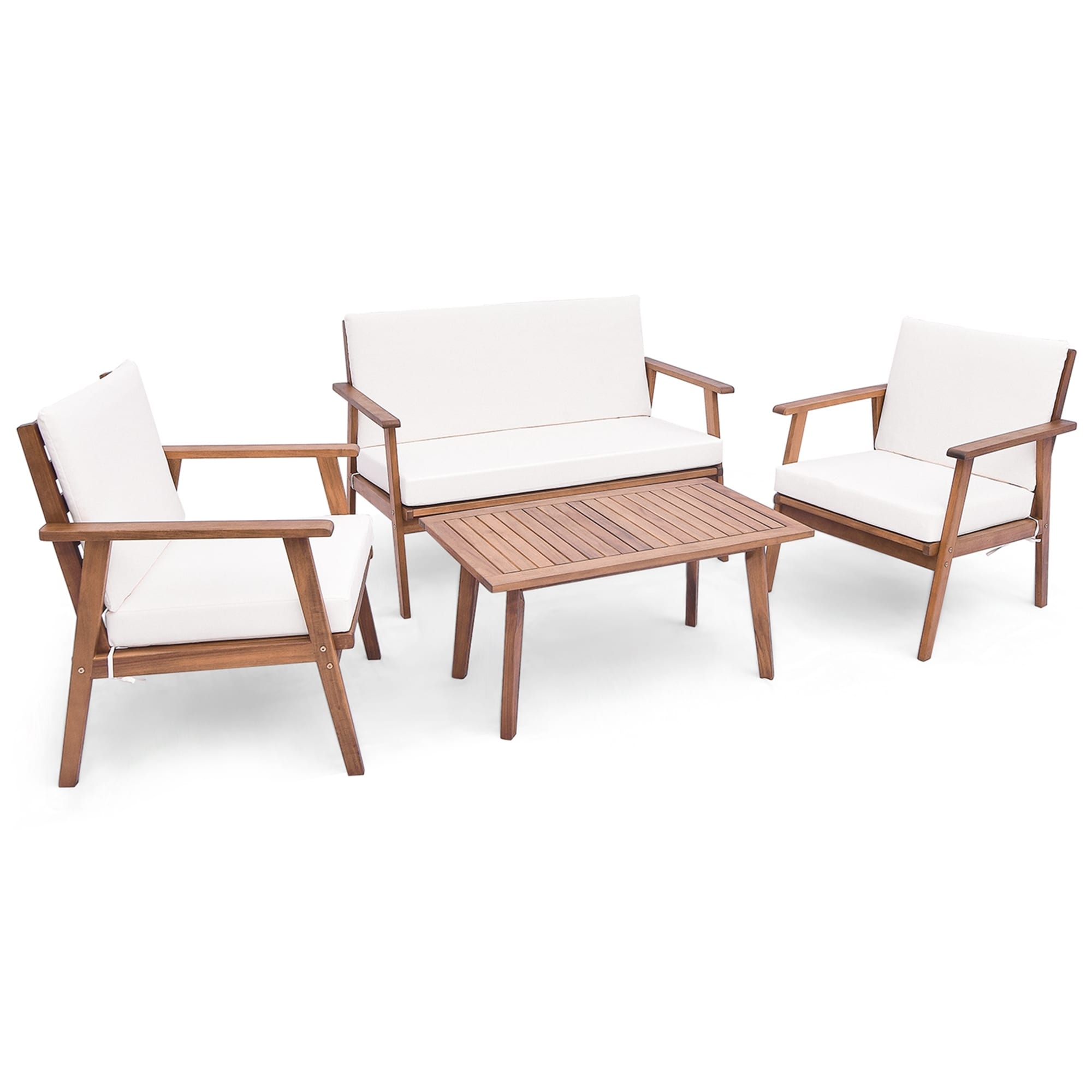 Ensemble de conversation de patio 4 pièces en bois d'acacia avec canapé, table basse et coussins