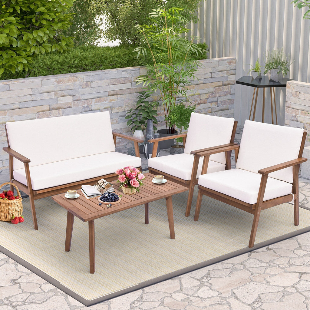Ensemble de conversation de patio 4 pièces en bois d'acacia avec canapé, table basse et coussins