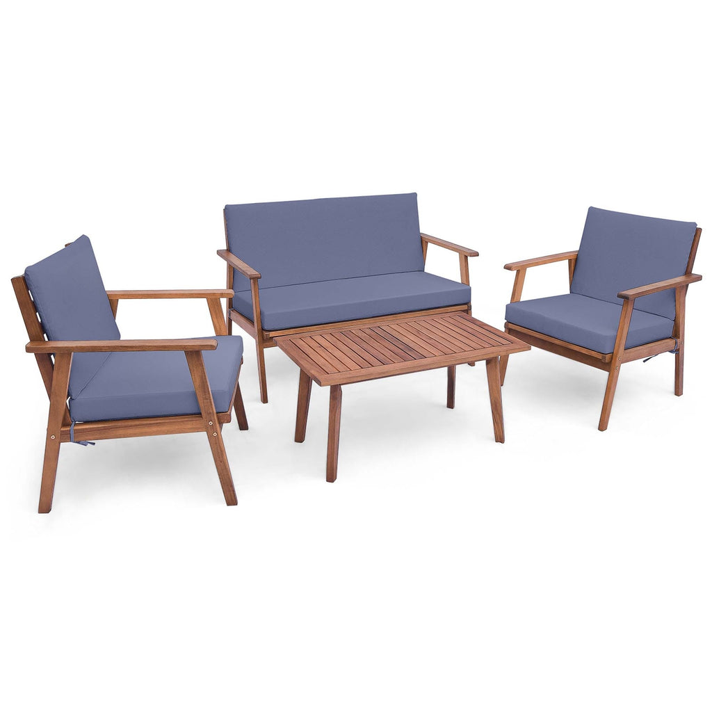 Ensemble de conversation de patio 4 pièces en bois d'acacia avec canapé, table basse et coussins