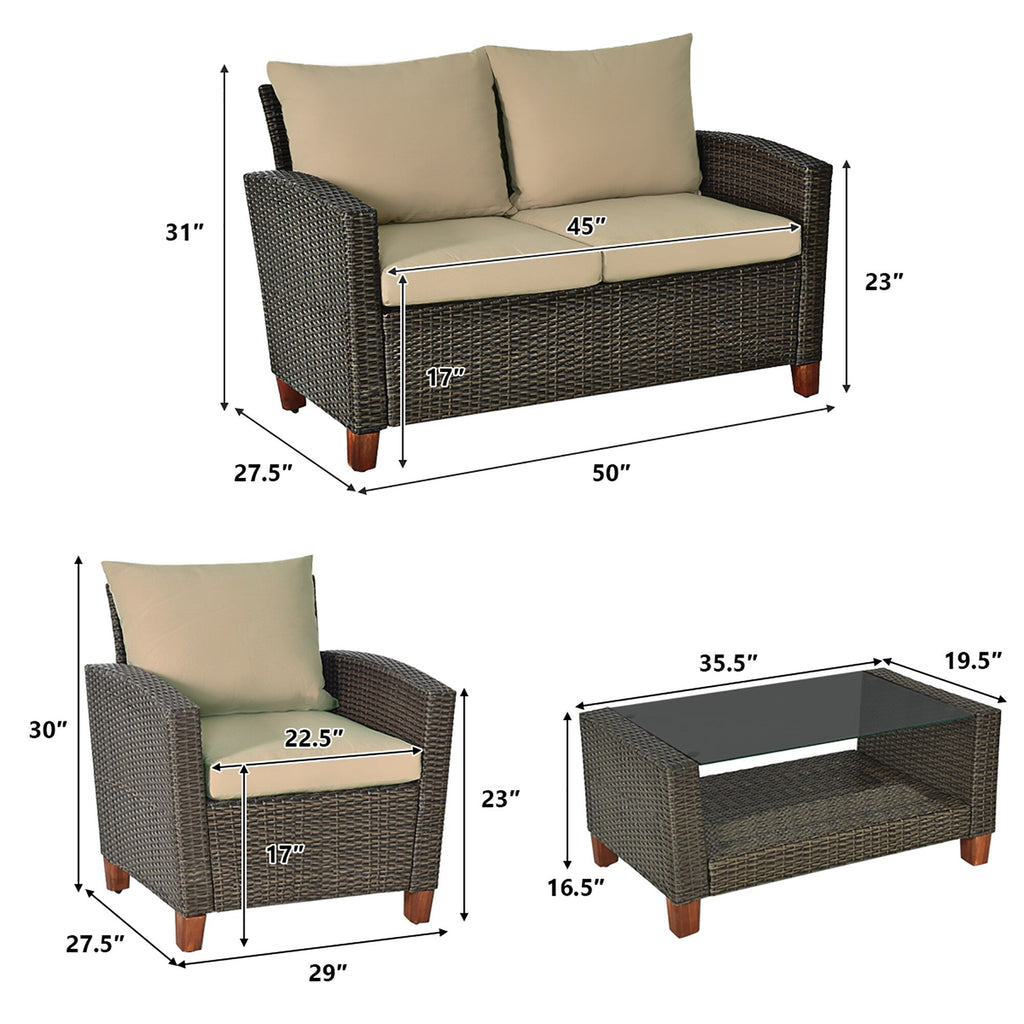 Ensemble de meubles de patio en rotin 4 pièces Ensemble de conversation extérieur en osier