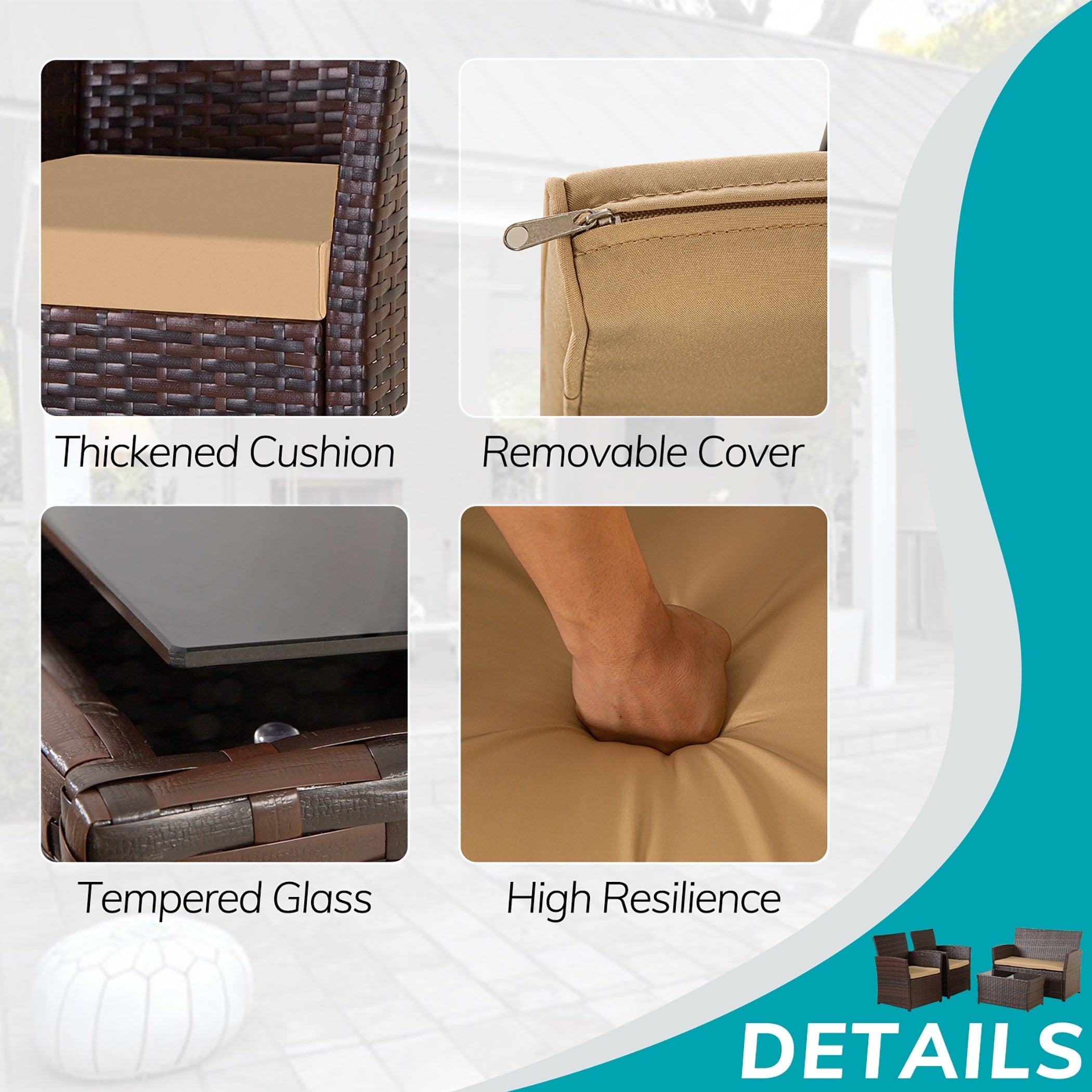 Ensemble de conversation de patio en osier 4 pièces avec canapé et chaise en rotin