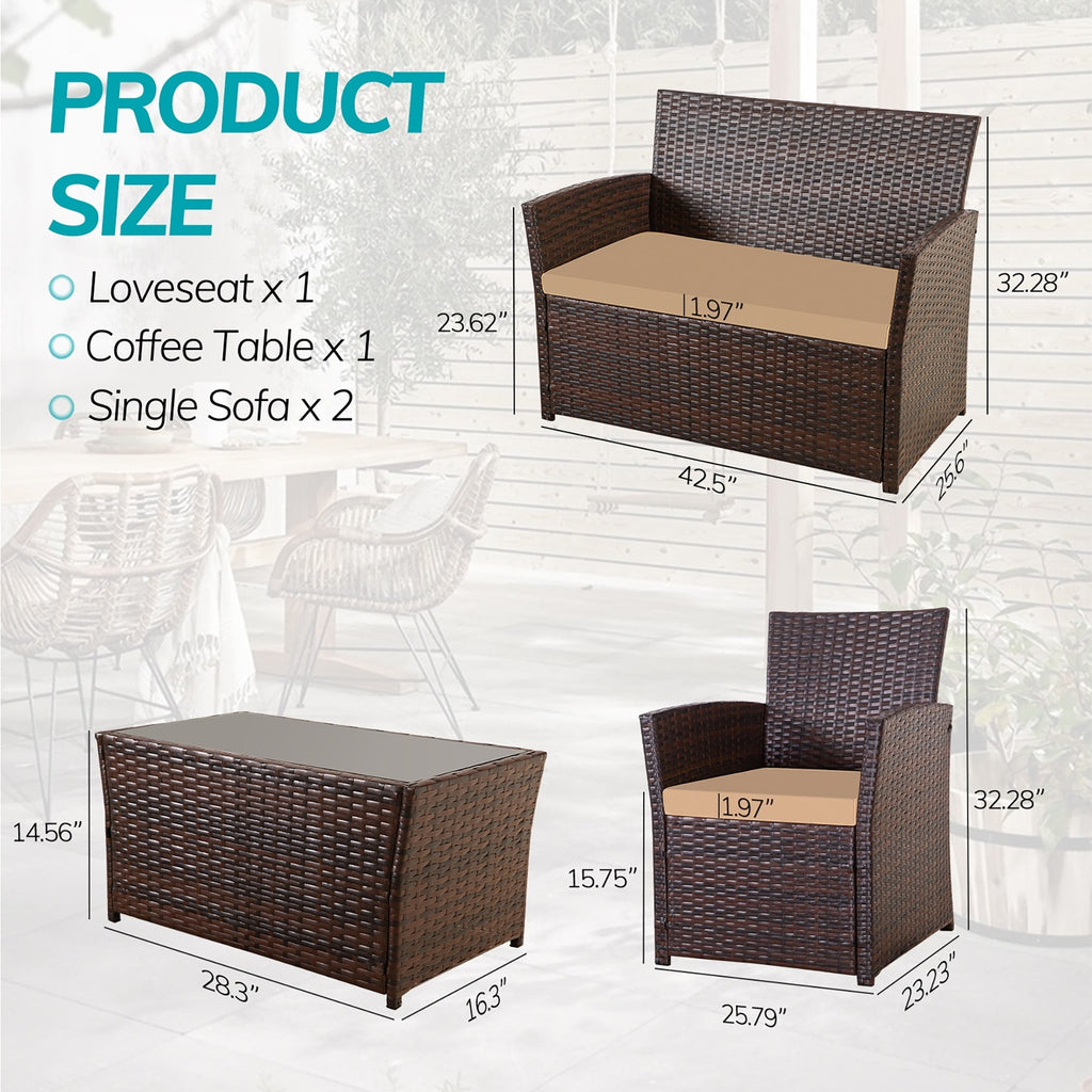 Ensemble de conversation de patio en osier 4 pièces avec canapé et chaise en rotin