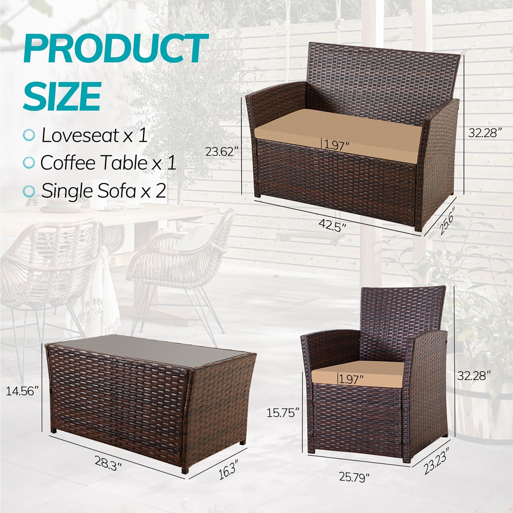 Ensemble de conversation de patio en osier 4 pièces avec canapé et chaise en rotin