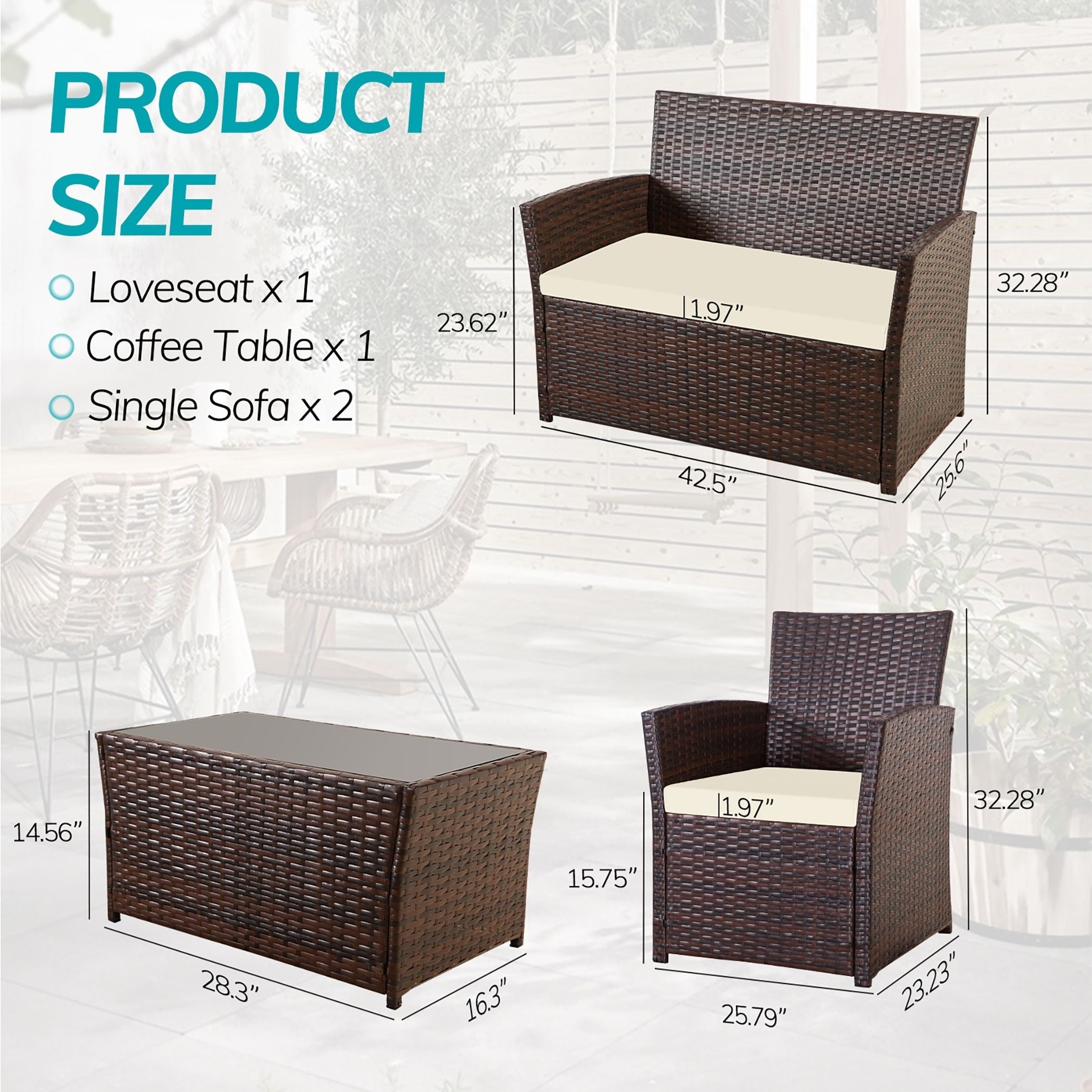 Ensemble de conversation de patio en osier 4 pièces avec canapé et chaise en rotin