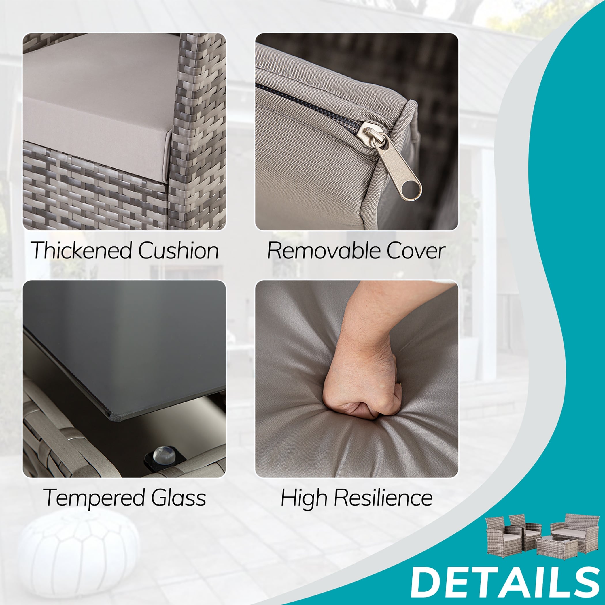 Ensemble de conversation de patio en osier 4 pièces avec canapé et chaise en rotin