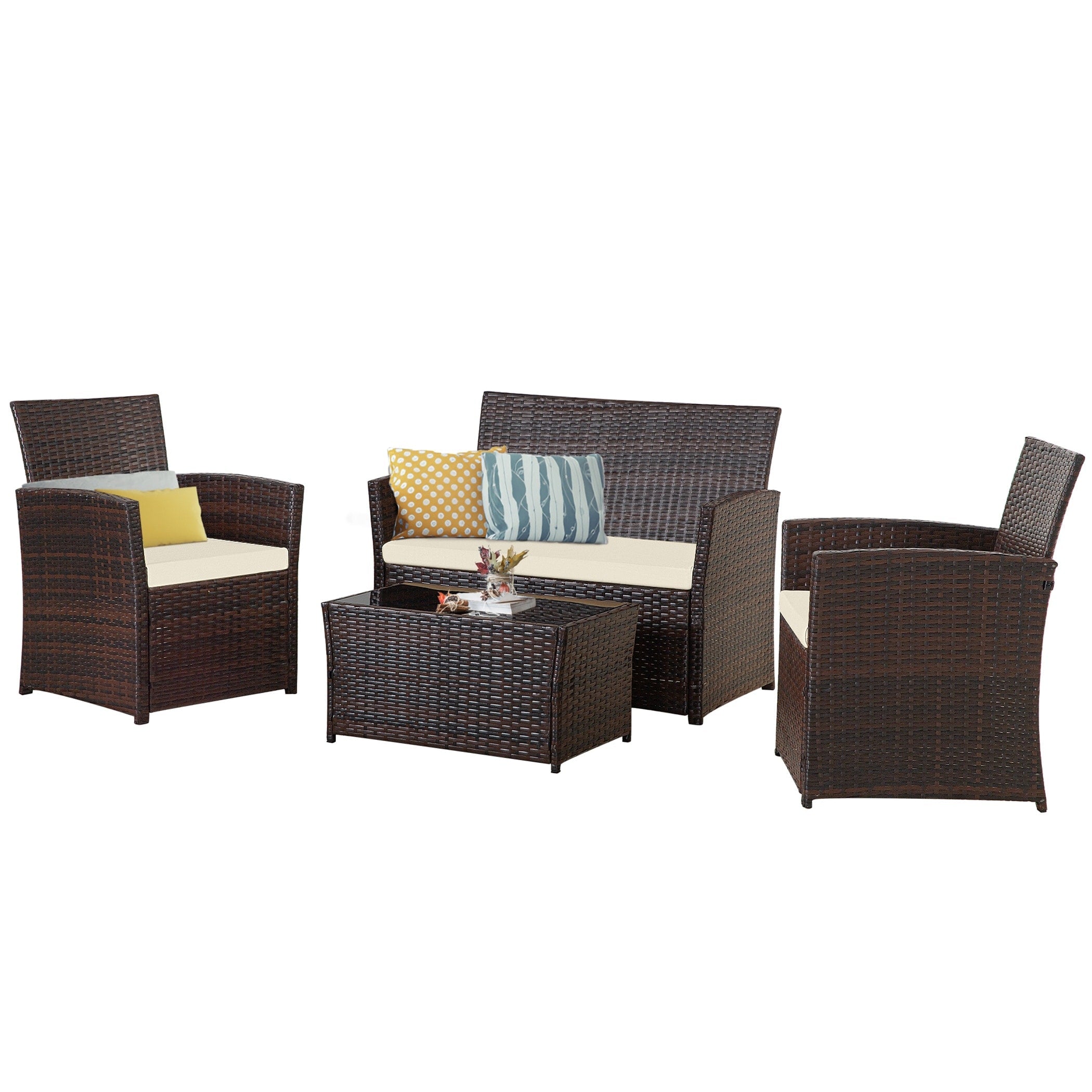 Ensemble de conversation de patio en osier 4 pièces avec canapé et chaise en rotin