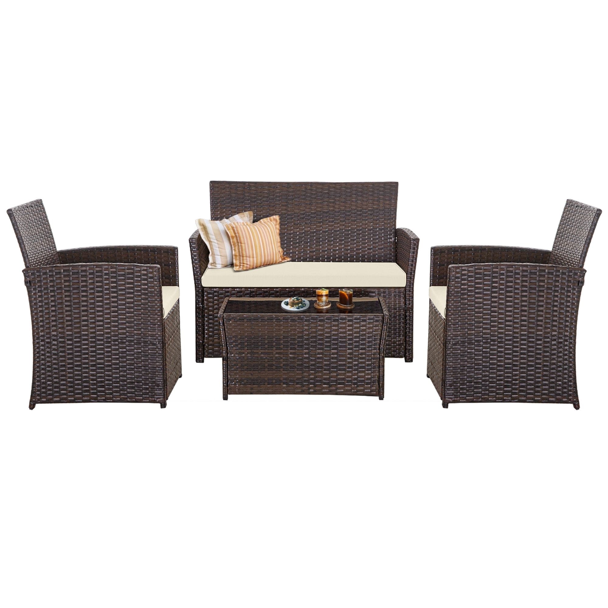 Ensemble de conversation de patio en osier 4 pièces avec canapé et chaise en rotin