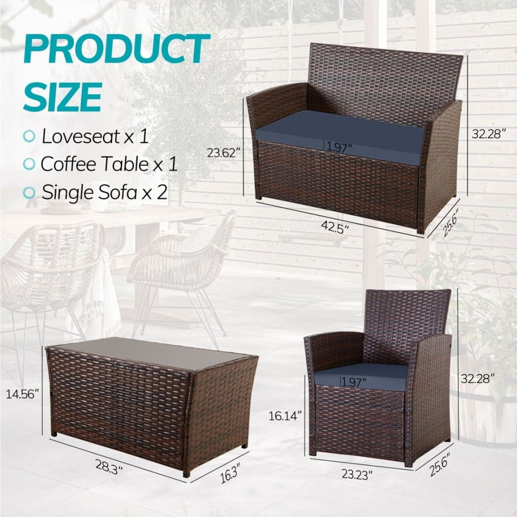 Ensemble de conversation de patio en osier 4 pièces avec canapé et chaise en rotin