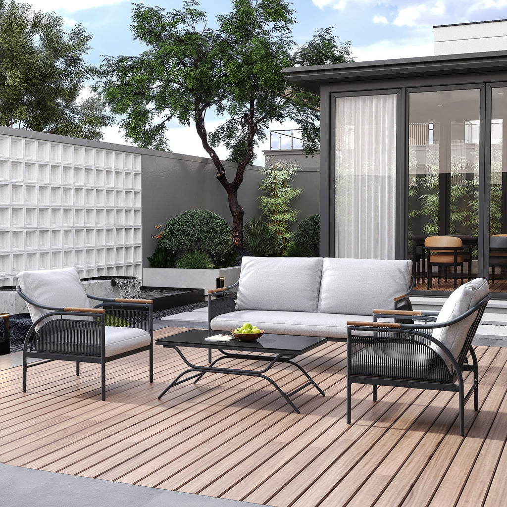 Ensemble de meubles de jardin d'extérieur en fer gris foncé 4 pièces avec coussins amovibles