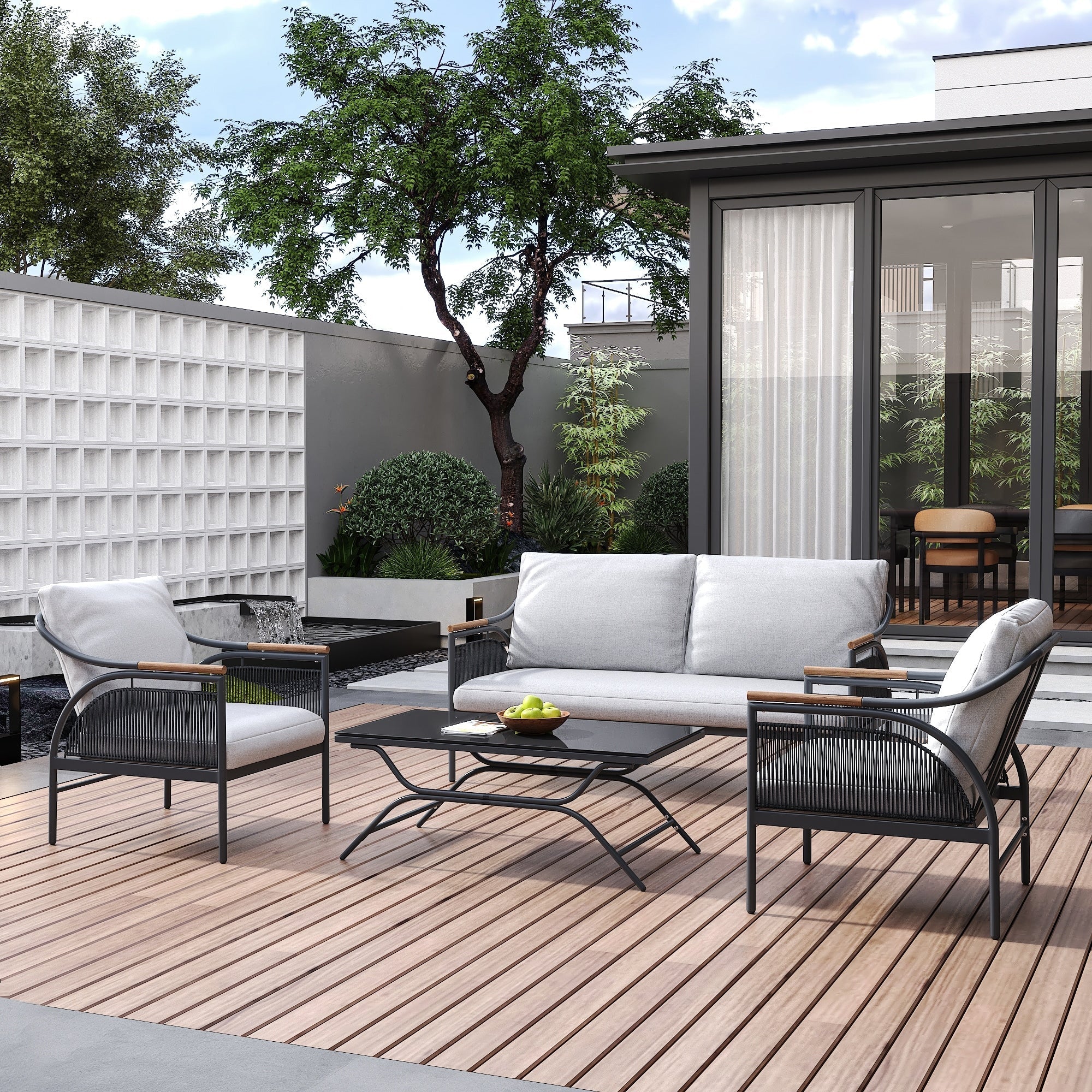 Ensemble de meubles de jardin d'extérieur en fer gris foncé 4 pièces avec coussins amovibles