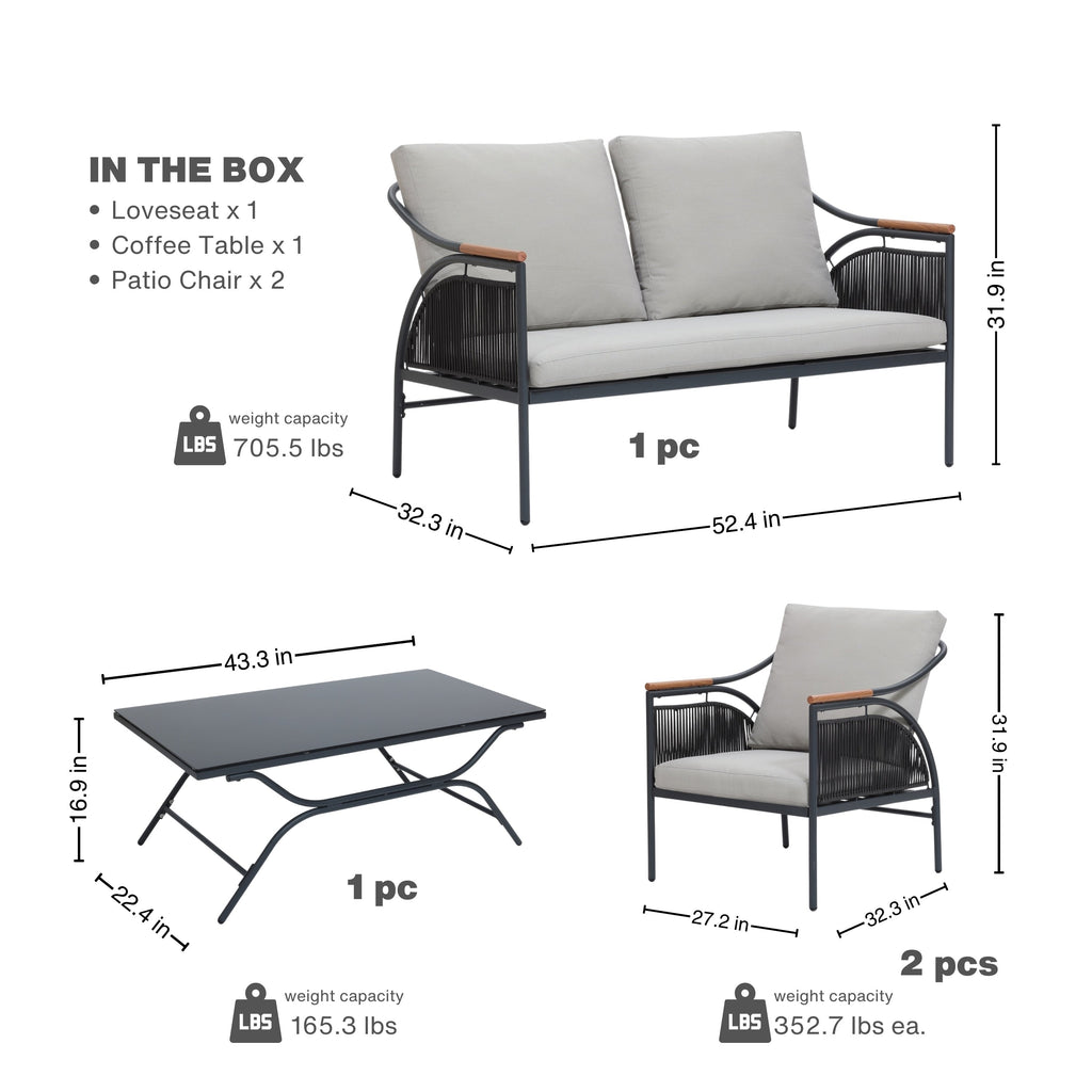 Ensemble de meubles de jardin d'extérieur en fer gris foncé 4 pièces avec coussins amovibles