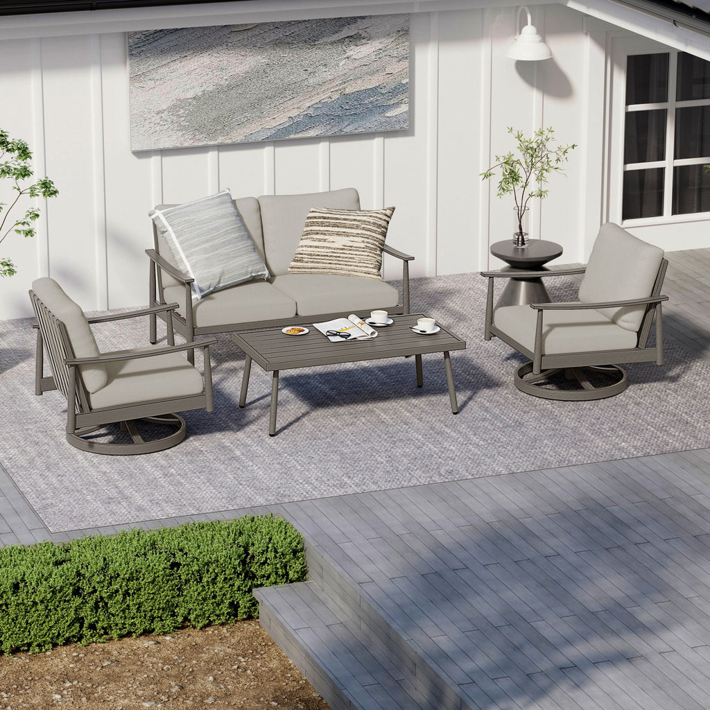 Ensemble de salon de jardin en aluminium pour 4 personnes avec 2 chaises pivotantes, une causeuse et une table basse