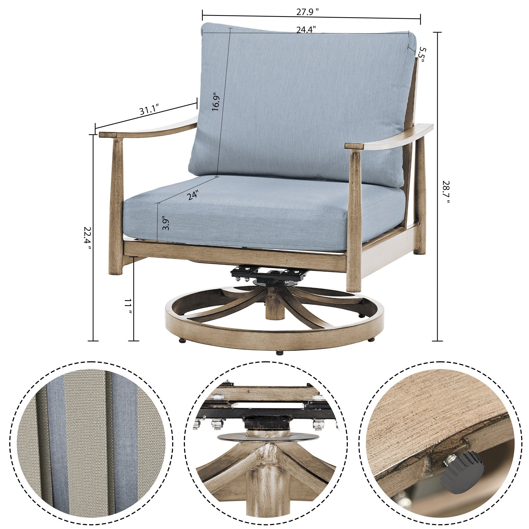 Ensemble de salon de jardin en aluminium pour 4 personnes avec 2 chaises pivotantes, une causeuse et une table basse