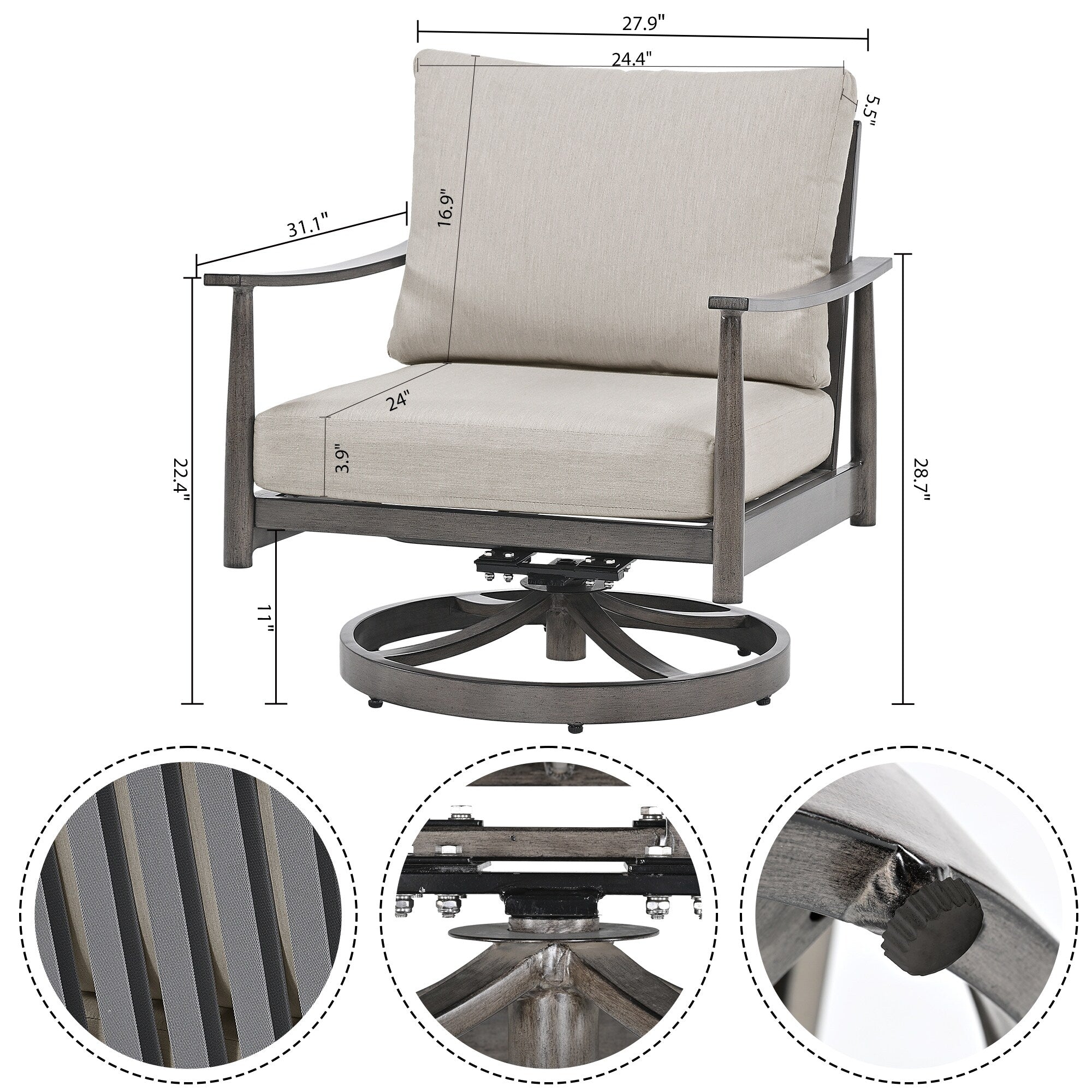 Ensemble de salon de jardin en aluminium pour 4 personnes avec 2 chaises pivotantes, une causeuse et une table basse