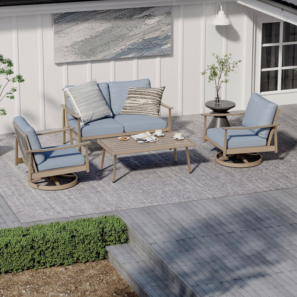 Ensemble de salon de jardin en aluminium pour 4 personnes avec 2 chaises pivotantes, une causeuse et une table basse